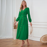 Women Date Dress Single-Breasted Cardigan Skirt V-neck Bubble Long Sleeve Dress