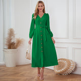 Women Date Dress Single-Breasted Cardigan Skirt V-neck Bubble Long Sleeve Dress
