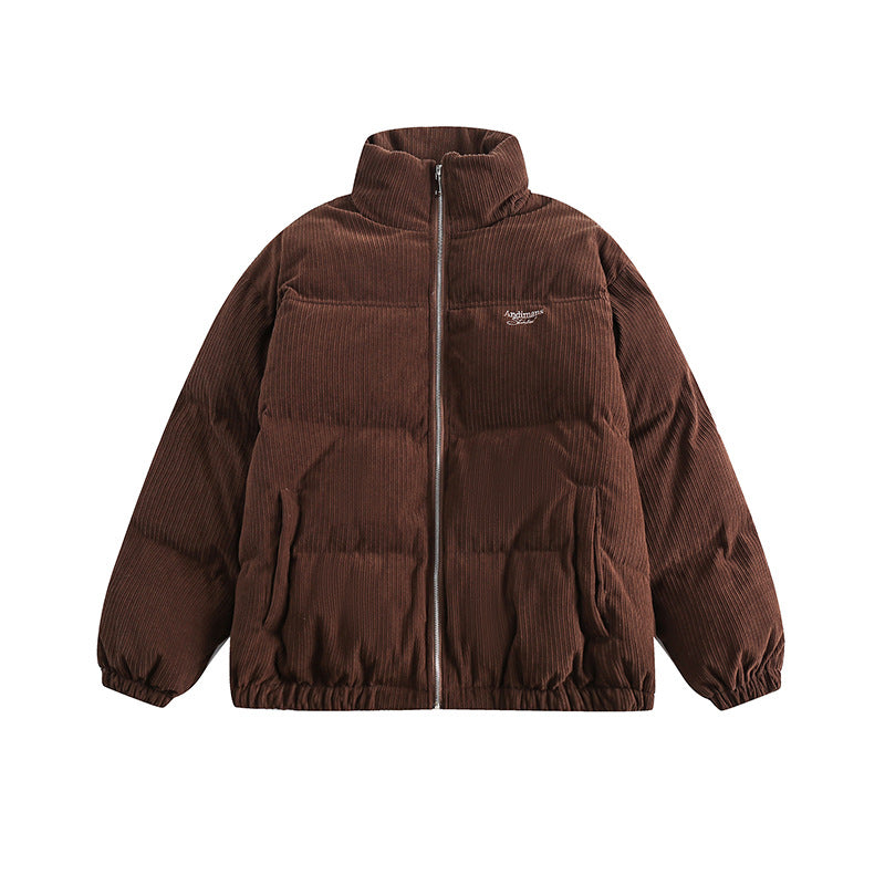 Unisex Winter Cotton Coat Solid Color Embroidered Logo Stand-up Collar Cotton-Padded Clothes Vintage Loose Cotton Coat
