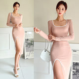 Women Maxi Dress Autumn and Winter Square Collar Slit Dress