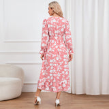 Women Date Dress Floral Dress Autumn and Winter V-neck A- line Skirt