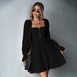 Women Dress Puff Sleeve Square Collar Long Sleeve Dress