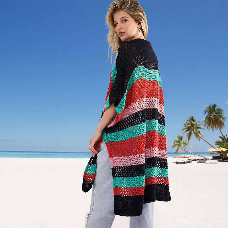 Women Knit Beach Cover V-neck Half Sleeve Cutout Beach Bikini Sun Protection Shirt