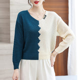 Women Knitwear Spring and Autumn V-neck Color Matching Sweater Loose Sweater