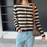 Women Cardigan Sweater Striped Sweater Cardigan Autumn round Neck Long Sleeve Top Women 8t7282