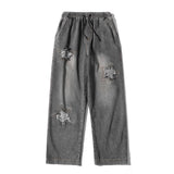 Men Jeans Five-Pointed Star Summer Washed-out Vintage Wide Leg Denim Trousers
