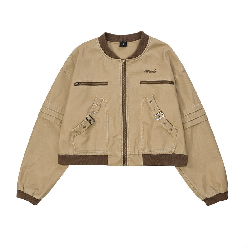 Women Jacket Short PU Leather Jacket Stand Collar Color Matching Zipper Jacket