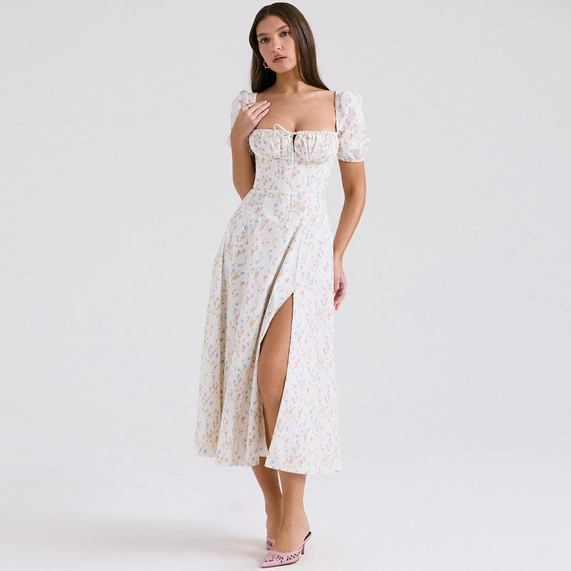 Women Dresses Square Collar Floral Dress Long Dress Casual Skirt (Zns0409)