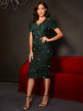 Women Evening Gown Sexy Retro Green Sequins Dress