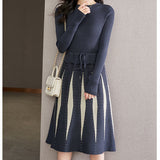 Women Knitwear Spring and Autumn Long Lace-up Sweater Slim Knit Dress