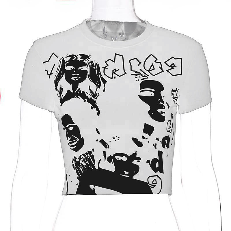 Women T-shirt Face Print Pattern Y2g round Neck Short Sleeve Slim Top