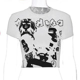 Women T-shirt Face Print Pattern Y2g round Neck Short Sleeve Slim Top