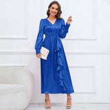 Women Date Dress Autumn and Winter V-neck Bubble Long Sleeve Dress