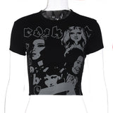 Women T-shirt Face Print Pattern Y2g round Neck Short Sleeve Slim Top