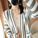 Women Knitwear Autumn Vintage Color-Block V Neck Sweater Female Loose Knitted Cardigan