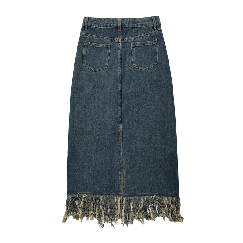 Women Long Skirt Tassel Denim Midi Dress A- line Skirt