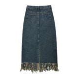 Women Long Skirt Tassel Denim Midi Dress A- line Skirt