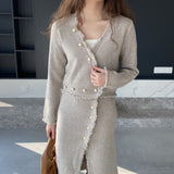 Women Knitted Two-Piece Set Spring Suit V-neck Top and Skirt 8t8221