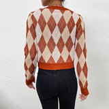 Women Knitted Sweater Autumn and Winter Long Sleeve Short Rhombus Sweater