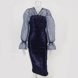 Women's Evening Gown Sexy Retro Mesh Long Sleeve Stitching Sequins Dress