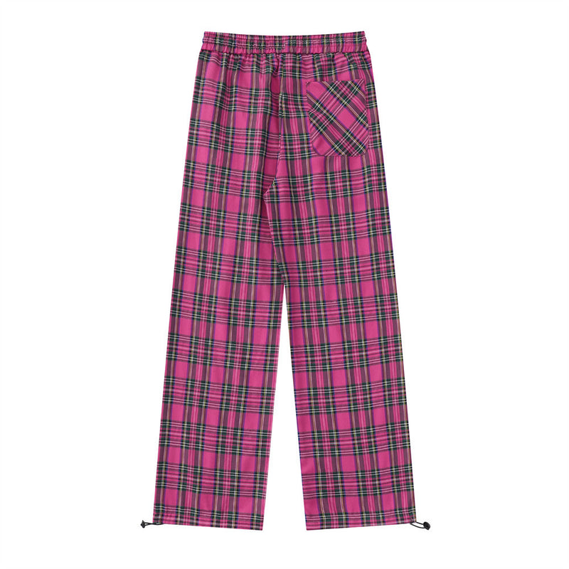 Men Sweatpants Color-Contrast Check Casual Straight Trousers Loose Wide Leg Pants Drawstring Jogger Pants