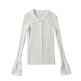 Women Sweater Knitwear Lapel Single Breasted Split Flare Sleeve Knitwear