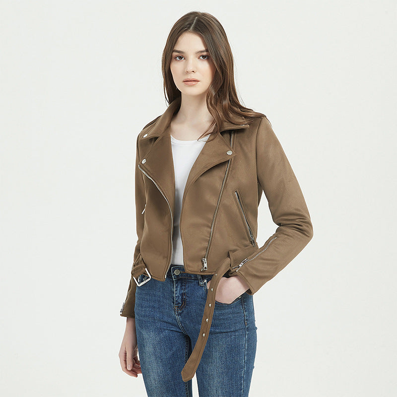 Women Leather Jacket Short Leather Jacket Women Suede Slim-Fitting Biker Suede Short Jacket