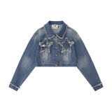 Women Jacket Five-Pointed Star Affixed Cloth Embroidered Short Denim Jacket