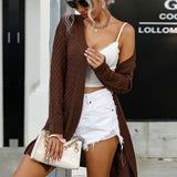 Women Knitted Sweater Mid-Length Long Sleeve Cable-Knit Sweater Cardigan