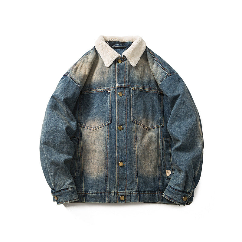 Unisex Winter Cotton Coat Washed Denim Lambswool Lapel Cotton-Padded Coat