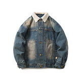 Unisex Winter Cotton Coat Washed Denim Lambswool Lapel Cotton-Padded Coat