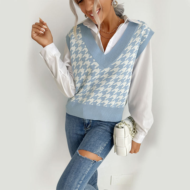 Women Knitted Sweater Autumn Houndstooth V-neck Sweater Vest Knitted Vest