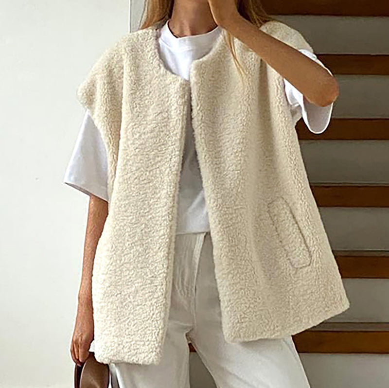 Women Trench Coat Winter Lambskin Vest Coat Loose Casual