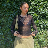 Women Knit Top Knitwear Beach Cover-up Sexy Backless Hollow out Sun Protection Shirt Knitted T-shirt