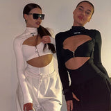 Women Jumpsuit Spring Sexy Hollow out Zipped round Neck Long Sleeve Jumpsuit