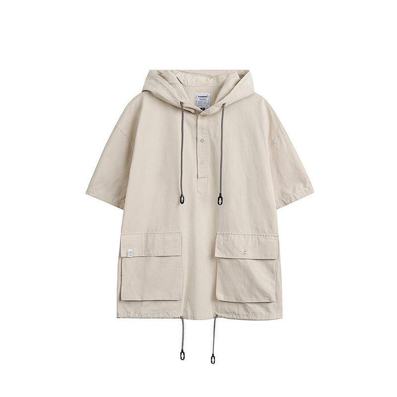Unisex Jacket Summer Workwear with Pocket Jacket Loose Short Sleeve Hooded Jacket