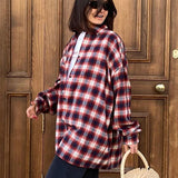 Women Trench Coat Winter Loose Plaid Long Sleeve Shirt Casual Coat