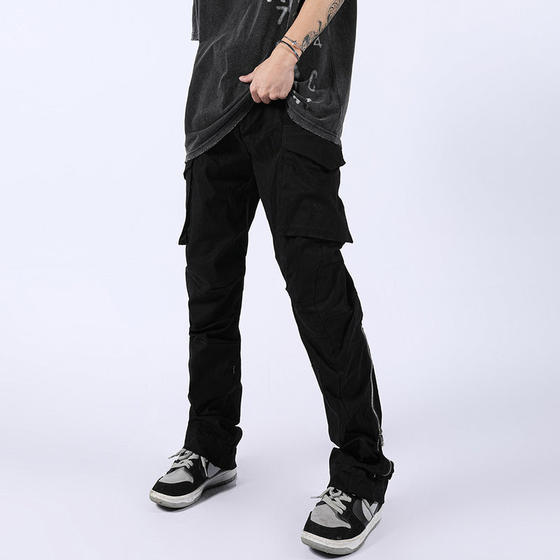 Men Sweatpants Multi-Pocket Zipper Overalls Slim-Fit Straight Trousers