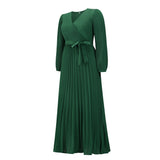Women Date Dress V-neck Long Sleeve Pleated Dress