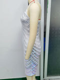 Women Evening Gown Sexy Sling Retro Patchwork Green Sequins Dress