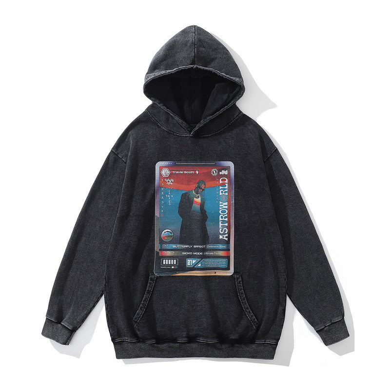 Men Hoodie Retro Heavy Industry Washed Old Portrait Printed Hoodie