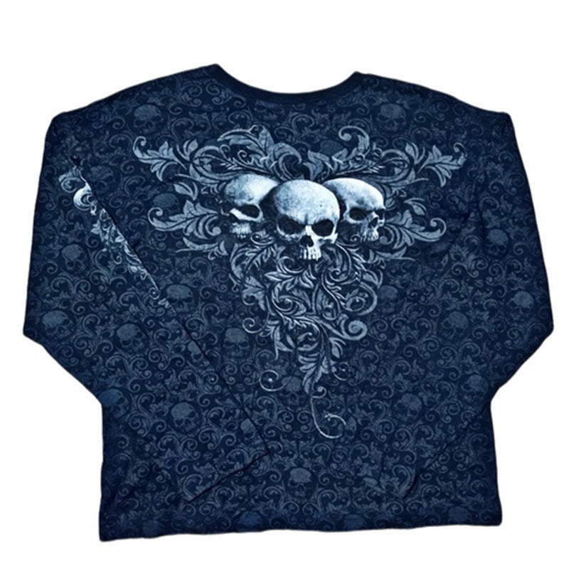 Women T-shirt Retro Style Printed round Neck Slim-Fit Long-Sleeved Pullover T-shirt