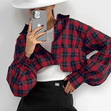 Women Trench Coat Short Plaid Long Sleeve Shirt Winter