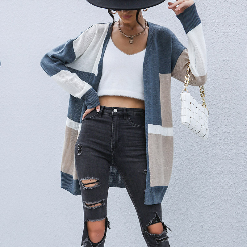 Women Knitted Sweater Autumn Long Button-Free Contrast Color Sweater Coat