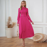 Women Date Dress Stand Collar Long Sleeve Skirt