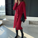 Women Knitted Two-Piece Set Spring Suit V-neck Top and Skirt 8t8221