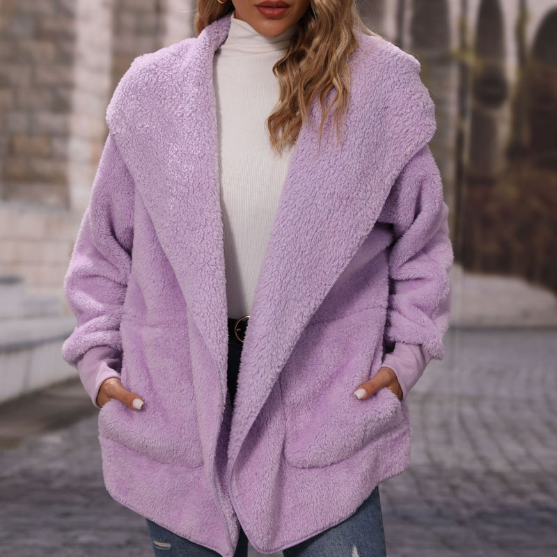Women Trench Coat Autumn Hooded Long Sleeve Loose Mid-Length Buckle-Free Double-Sided Velvet Casual Cardigan