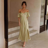 Women Dresses Spring and Summer Short Sleeve Sexy Backless V-neck Slit Dress (Jkw0408)
