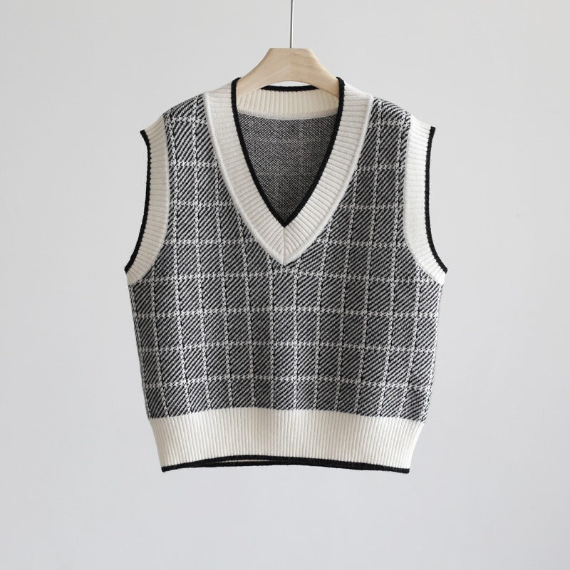 Women Knitted Pullover Autumn Winter Retro Short V-neck Sweater Vest Knitted Vest