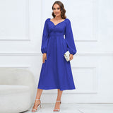 Women Date Dress Slim-Fit Long Sleeve V-neck Lace-up A- line Dress Lantern Sleeve Dress